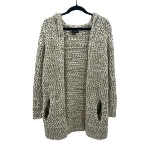 Kadence Chunky Knit Open Cardigan Medium Greige Cream Hooded Pockets Sweater